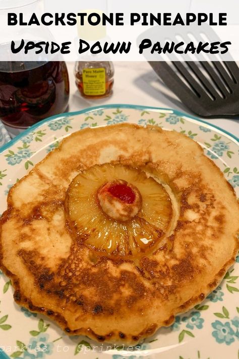 Blackstone Pineapple Upside Down Pancakes are a special treat that you and your family will love every day of the week as it combines pancake batter, pineapple, brown sugar, and Maraschino cherries to create a sweet decadent breakfast in minutes! Pineapple Upside Down Pancake Recipe, Blackstone Pineapple, Pineapple Upside Down Pancakes, Pumpkin Applesauce Muffins, Pineapple Pancakes, Decadent Breakfast, Outdoor Griddle Recipes, Griddle Cakes, Blackstone Recipes