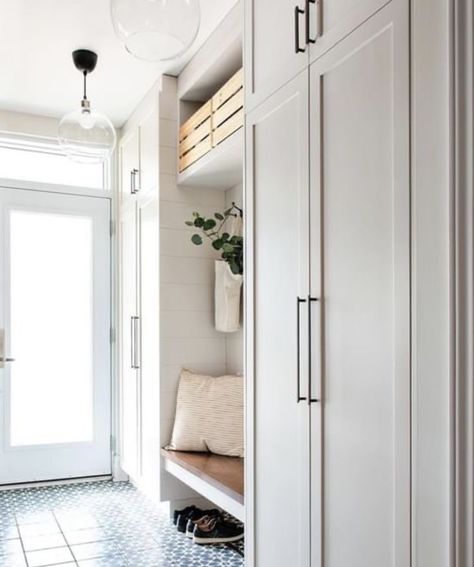 Narrow Hallway Mudroom, Front Entrance Closet, Chic Mudroom, Mud Room Laundry Room Combo, Foyer Mudroom, Front Hall Closet, Mudroom Remodel, Mudroom Closet, Mudroom Cabinets