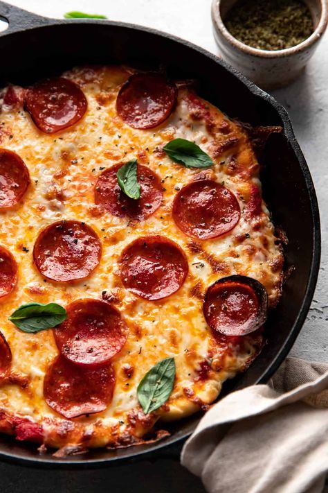 Pizza In Skillet, Chicago Style Deep Dish Pizza Cast Iron, Skillet Pizza Cast Iron Upside Down, Pizza Cast Iron Skillet, Deep Dish Pizza Cast Iron, Meals Everyone Will Love, Pizza Skillet, Iron Skillet Pizza, Making Half A Recipe