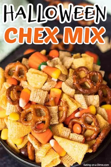 These DIY Halloween Chex Mix is one of my favorite Fall Snacks recipes that is great for kids and for adults! This halloween harvest Chex mix is easy to make and is the perfect combination of sweet and salty with pretzels and candy corn. This is one of the best fall snack ideas! You will love these homemade savory fall Chex mix recipe. #eatingonadime #halloweenrecipes #fallrecipes #snackrecipes Halloween Treats For Kids School, Halloween Chex Mix Recipes, Fall Chex Mix Recipes, Halloween Appetizers For Adults, Halloween Food For Adults, Fall Recipes Snacks, Snack Halloween, Fun Halloween Snacks, Fall Snack Mixes