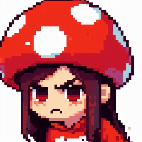 Pixel icon of a girl with red mushroom hat(*´∀`) Mushroom Pfp, Mushroom Person, Mushroom Girl, Anime Pixel, Pixel Characters, Mushroom Hat, Arte 8 Bits, Discord Emojis, Red Mushroom