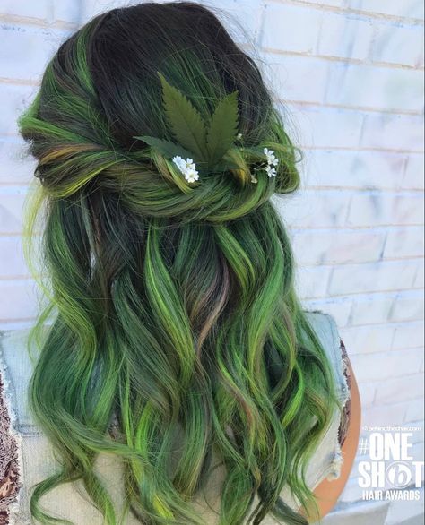 Brown Green Ombre Hair, Dark To Light Green Hair, Green Highlights In Curly Hair, Green Highlights In Light Brown Hair, Fairy Colored Hair, Forest Green Peekaboo Hair, Green Balyage Long Hair, Moss Colored Hair, Jade Green Hair Color