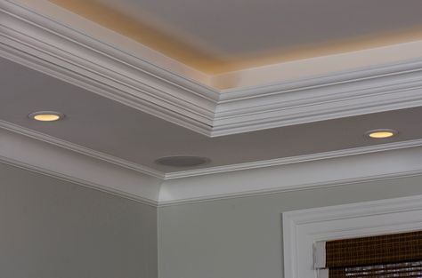 Bulk Head Ceiling Ideas, Classic Ceiling Design Luxury, Flat Crown Molding, Tray Ceiling Ideas, Classic Ceiling Design, Mill Work, Luxury Ceiling Design, Trey Ceiling, Dress Room