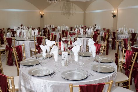 Silver and Burgundy Decor | Arizona Wedding Photographers | Villa Tuscana Reception Hall Burgundy White And Silver Wedding, Wine Red And Silver Wedding, Burgundy And Silver Wedding Theme, Black Burgundy Silver Wedding, Silver And Burgundy Wedding, Burgundy And Silver Wedding, Burgundy Silver Wedding, Burgundy Quinceanera, Black Silver Wedding