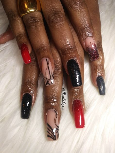 Red Black And Gray Nail Designs, Red And Black Glitter Nails, Red And Grey Nails, Red Black And Silver Nails, Short Coffin Ombre, Ombre Nails Short, Black Prom Nails, Coffin Ombre, Artistic Nails