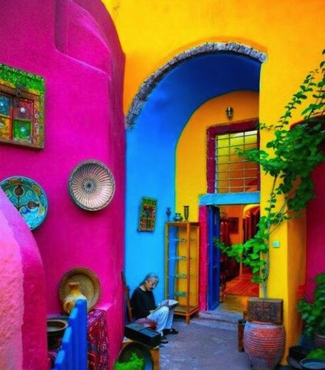 Inundaciones de colores y buen gusto que son un reflejo del entorno biodiverso de México en sus diseños de interiores. Mexican Color Palette Mexico, Mexican Color Scheme, Mexican Patio Ideas, Mexican Color Palette, Tiny Community, Colorful Porch, Mexico Decor, Colorful Walls, Mexican Colors