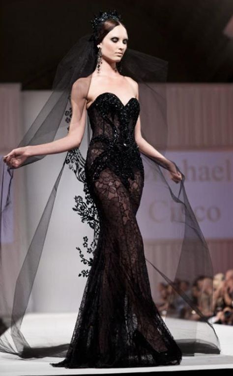 Wedding Dress Runway, Michael Cinco Couture, Fashion Doodles, Wedding Dresses Designer, Dress Runway, Black Lace Gown, Michael Cinco, Black Wedding Dress, Black Wardrobe