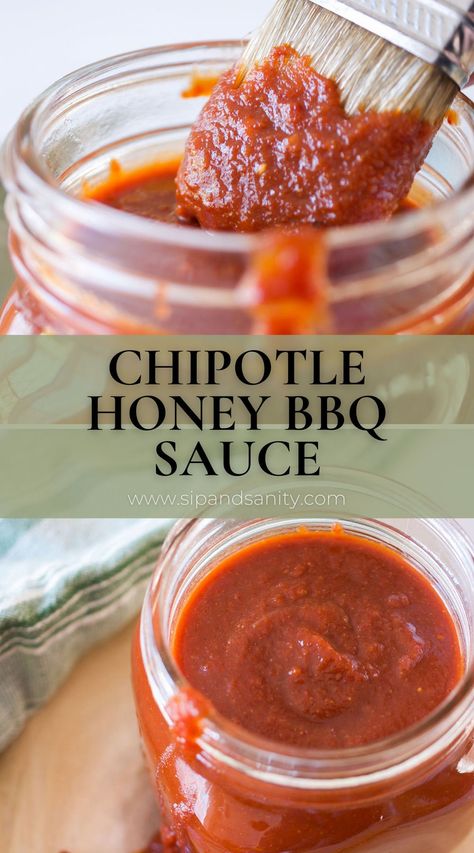 Homemade Chipotle Honey BBQ Sauce (without ketchup) - Sip + Sanity Chipotle Sauce Recipe, Honey Chipotle Sauce, Spicy Bbq Sauce, Homemade Chipotle, Homemade Dips, Vegetarian Barbecue, Honey Bbq Sauce, Chipotle Peppers, Honey Chipotle