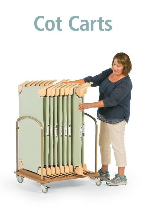 This cot cart stores preschool cots vertical and separate. It's hygienic, and easy to grab one out of the stack. Cot Storage Ideas, Daycare Cots, Books On A Shelf, Daycare Classroom, Daycare Design, Preschool Rooms, Preschool Centers, Early Childhood Classrooms, Home Daycare