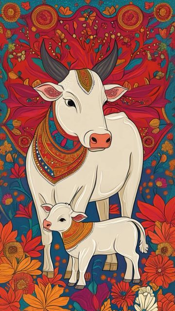 Indian Animal Art, Sankranthi Drawing Ideas, Indian Cow Painting, Kamdhenu Painting, Painting Ideas On Canvas Cow, Kamadhenu Painting, Beautiful Paintings Creative, Peacock Mural Painting, Kamdhenu Cow Painting