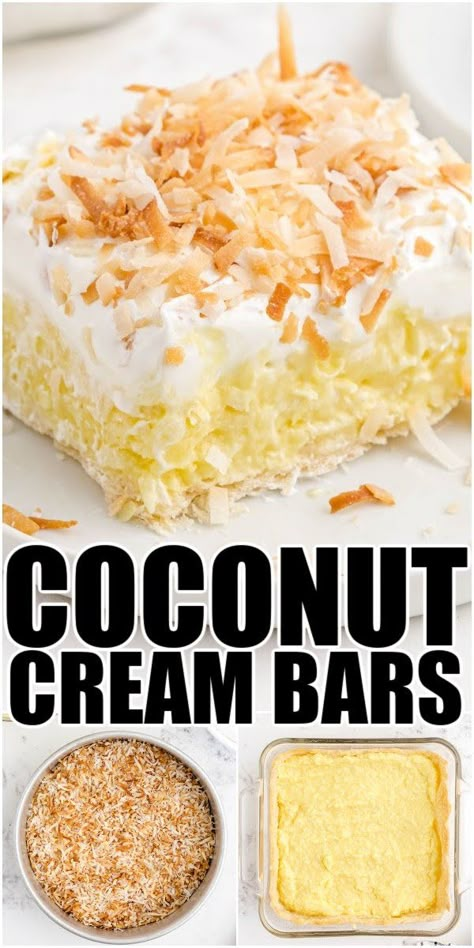 Coconut cream bars are a quick and easy sweet treat perfect for spring. These dessert bars are made with a pie crust topped with coconut cream pudding, whipped topping, and, of course, toasted coconut. Each cool square is light and refreshing. Coconut Cream Bars, Coconut Dessert Recipes, Coconut Cream Pudding, Coconut Cream Dessert, Coconut Cream Pie Bars, Coconut Cream Pie Easy, Coconut Recipes Dessert, Quick And Easy Sweet Treats, Coconut Cream Pie Recipes