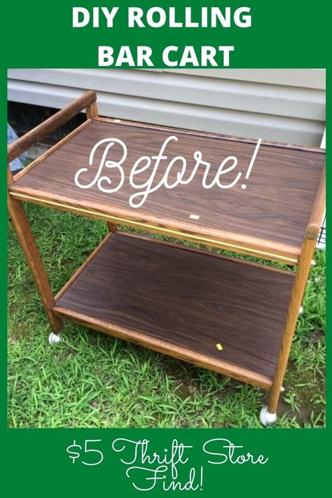 Rolling Bar Cart Diy, Unique Bar Cart, All Wood Furniture, Diy Furniture Makeover Ideas, Diy Bar Cart, Rolling Bar Cart, Cart Ideas, Thrift Store Decor, Garage Sale Finds