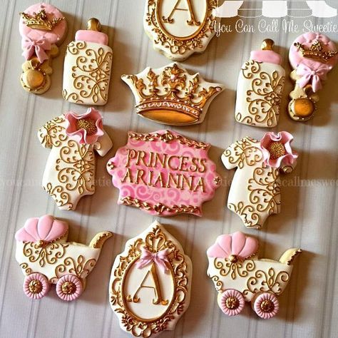 Princess Baby Shower Princess Themed Baby Shower, Royalty Baby Shower, Baby Shower Princess Theme, Pink Gold Baby Shower, Royal Baby Showers, Shower Cookies, Gold Baby Shower, Gold Baby Showers, Baby Shower Princess