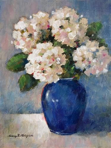 Flowers In Vase Painting, Hydrangeas Art, Hydrangea Painting, Acrylic Painting Flowers, Vase Art, Tableau Art, Painted Vases, Daily Painting, Blue Vase