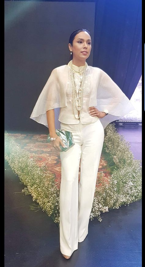 Filipiniana Inspired Outfit, Modern Filipiniana Top And Pants, Filipiniana Top And Pants, Modern Filipiniana Outfit Classy Pants, Ninang Outfit, Barong Filipiniana, Filipiniana Modern, Filipiniana Top, Guest Wedding Outfits