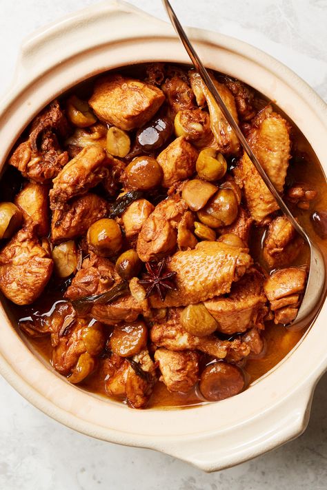 This is one of the most beloved home-style braised chicken dishes anywhere in China. The combination of tender chicken and sweet chestnuts makes for classic Chinese comfort food. This recipe feeds two or more when served with rice and additional Chinese side dishes. Chinese Chicken Stew Recipe, Chicken Galantina, Popular Chicken Recipes, Chinese Side Dishes, Deep Fried Chicken, Chicken Stew Recipe, Epicurious Recipes, Chestnut Recipes, Meals For 2