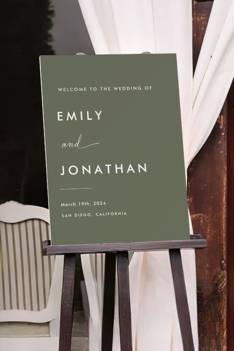 Welcome guests with this personalized minimalist olive green wedding welcome sign. Perfect for sage green wedding theme decor, this elegant piece adds a touch of sophistication to olive green weddings. Ideal for wedding welcome signs entrance, it complements your sage green wedding aesthetic. Enhance your greenery wedding with this stylish design, a must-have for wedding welcome signs that align with a sage green wedding theme. Wedding Welcome Signs Entrance, Green Wedding Signage, Green Wedding Aesthetic, Sage Green Wedding Theme, Olive Green Wedding, Olive Green Weddings, Green Weddings, Green Themed Wedding, Sage Green Wedding