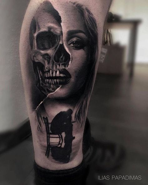 Half Skull Half Female Face Tattoo, Skull And Face Tattoo, Hiding Behind A Mask Tattoo, Half Skull Half Woman Face Tattoo, Creepy Face Tattoo, Half Skull Face Tattoo, Skull Gas Mask Tattoo, Realistic Tattoo Sleeve Women, Skull Portrait Tattoo