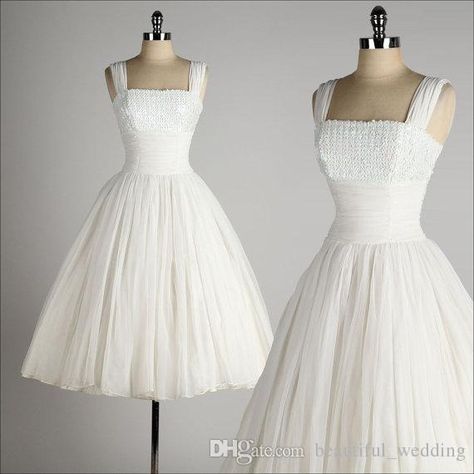 Buy Dresses Online 1950 Style Wedding Dresses A Line Square Neck Sleeveless Tea Lenght White Chiffon Vintage 1950s Dress Iridescent Sequin Bust Custom Made Lace A Line Wedding Dress From Beautiful_wedding, $131.8| Dhgate.Com Wedding Dresses 50s Style, Wedding Dresses Vintage 50s, 1950 Style, Wedding Dresses A, Iridescent Dress, Wedding Dresses A Line, 1950 Fashion, Dresses A Line, Vintage 1950s Dress