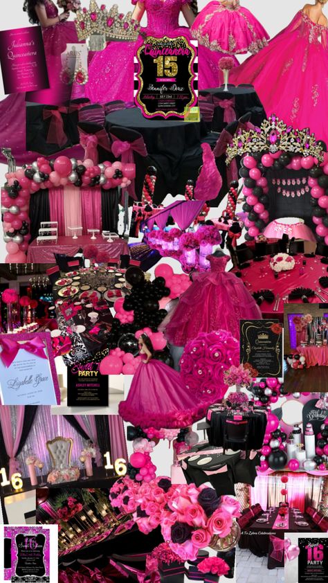 #hotpink&blacksweet16 Sweet 16 Hot Pink Dress, Sweet 16 Decorations Pink And Black, Black And Pink Sweet 16 Dress, Pink And Black Quinceanera Theme, Black Quinceanera Theme, Chambelan Outfits, Hot Pink Quinceanera Dresses, Pink Sweet 16 Dress, Hot Pink Birthday Party