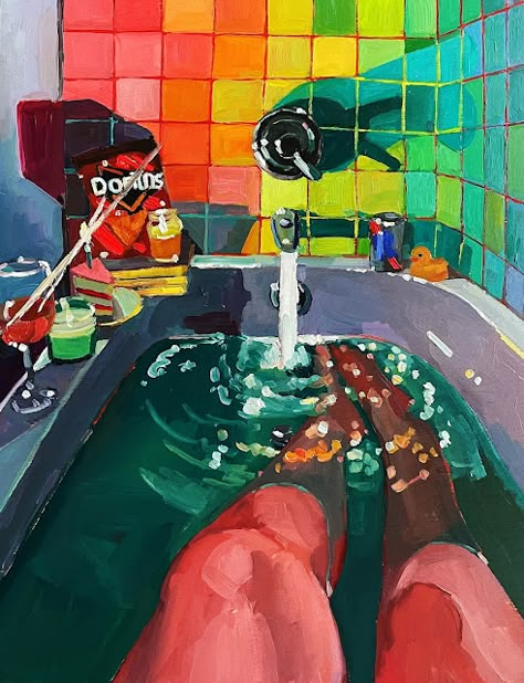 Self Care | ERIKA LEE SEARS Self Care Painting, Bathroom Painting Ideas Canvas, Art About Time, Shower Painting, Intermediate Painting, Bath Illustration, Bath Painting, Painting Motivation, Bathtub Painting