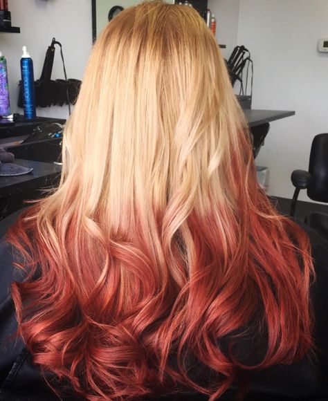 reverse ombre blonde to red Blonde Hair With Red Tips, Red Hair Tips, Hair Color Red Ombre, Red And Blonde, Reverse Ombre, Red Ombre Hair, Blond Ombre, Ombre Blond, Red Blonde Hair