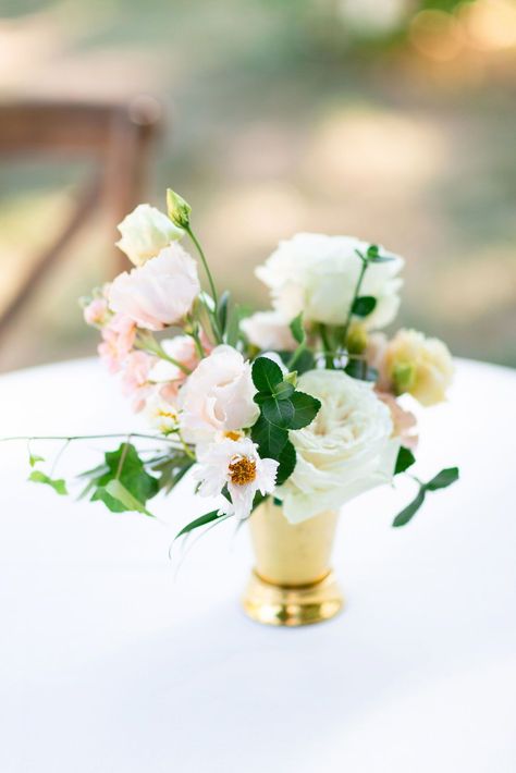 Cocktail Table Arrangement Wedding, Cocktail Arrangement Wedding, Cocktail Table Floral Arrangements, Cocktail Table Florals, Cocktail Table Arrangement, Small Vase Centerpiece, Gold Vase Centerpieces, Cocktail Arrangements, Peach Pink Wedding