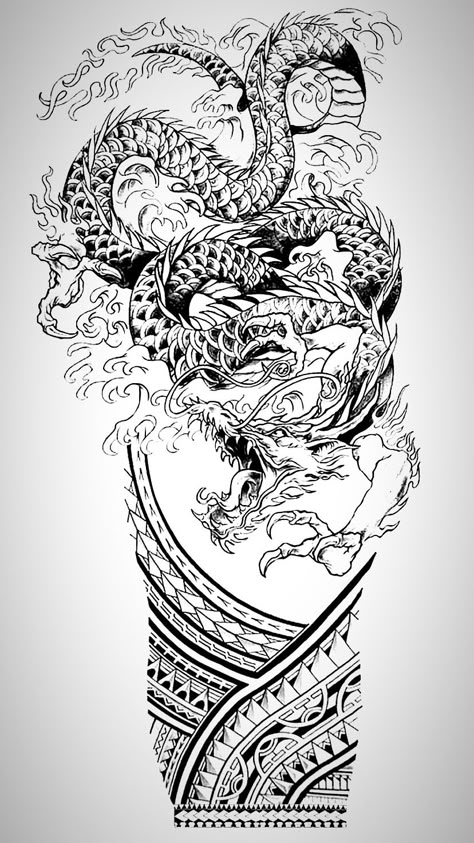 Dragon Koi Tattoo Design, Dragon Tattoo Drawing, Dragon Tattoo Arm, Tattoo Colour, Half Sleeve Tattoo Stencils, Dragon Tattoo Art, Tattoo Dragon, Ancient Tattoo, Realistic Tattoo Sleeve