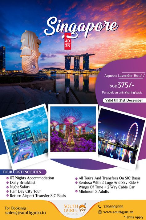 Singapore Tour Packages | Best Deals Guaranteed | Southguru Holidays Book Singapore Packages at Southguru Holidays for best prices. Plan your Singapore Tour with customized Singapore packages Book Now! SouthGuru Holidays Private Limited Thiruvananthapuram Ph - 0471 4010855 Mob - 73565 07555 / 08555 Mail - sales@southguru.in www.southguru.in Singapore Tour Package, Travel Advertising Design, Travel Brochure Design, Singapore Tour, Travel Creative, Travel 2024, Travel Advertising, Shillong, Travel Poster Design