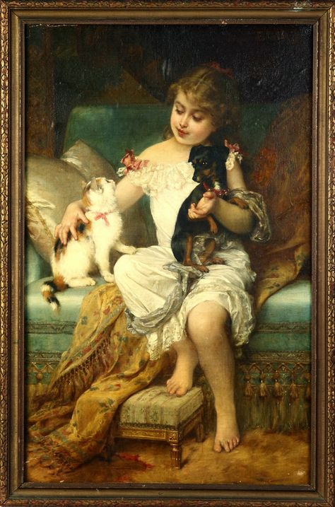 Girl with kitten and puppy -- by Emile Munier (French, 1840-1895) Emile Munier, Kitten And Puppy, Academic Art, 19th Century Art, Great Cat, Pet Kitten, Kittens Playing, Kittens And Puppies, Historical Art