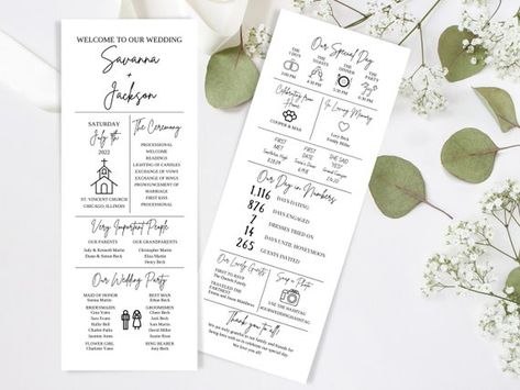 This is a customizable infographic wedding day program template for Canva. You can completely edit the text, font, and images. This is perfect for simple weddings, modern weddings, classic weddings. You can purchase the template and download it from my Esty shop by clicking the image! Wedding Programs Funny, Reception Program, Wedding Day Program, Wedding Table Games, Wedding Timeline Template, Wedding Infographic, Program Wedding, Timeline Wedding, Wedding Design Ideas