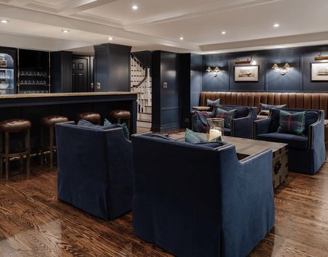 Blue Basement Walls, Art Deco Basement, Blue Basement, Basement Decoration, Southern Colonial, Game Room Basement, Basement Living Rooms, Room Extensions, Vip Room