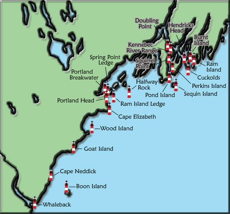 Map Of Lighthouses In Maine | lighthouse name or icon for more information on that lighthouse Maine Lighthouses Map, Lighthouses In Maine, Maine Road Trip, Maine New England, Maine Lighthouses, Visit Maine, New England Road Trip, East Coast Travel, East Coast Road Trip