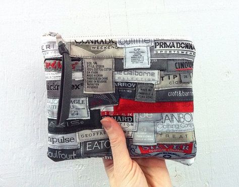 Upcycled Anti-Label Pouch. Made from recycled clothing labels and leather.: Recycle Clothes Diy, Prene Bags, Reuse Clothes, Recycle Old Clothes, Upcycled Bag, Recycled Clothing, Upcycle Sewing, Recycle Bag, Diy Handbag