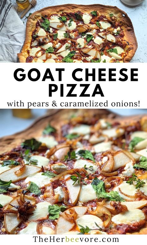 This goat cheese pizza recipe is an easy elegant recipe, topped with caramelized onion, sliced pear, thyme and a drizzle of honey. A simple and delicious dinner, perfect for company. Homemade Pizza With Goat Cheese, Carmelized Onion And Pear Pizza, Pear And Goat Cheese Pizza, Goat Cheese Pizza Balsamic, Hot Honey Goat Cheese Pizza, Apple Goat Cheese Pizza, Pear Pizza Goat Cheese, Goat Cheese Flatbread Pizza, Pear Pizza Recipes