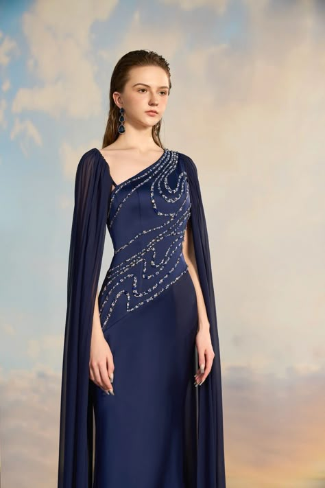 Silk Sleeve Dress, Dark Blue Gown Elegant, Navy Blue Gown With Sleeves, Navy Blue Long Gown, Modest Red Carpet, Red Cape Costume, Grand Gowns, Embroidery Dress Pattern, Fishtail Gown