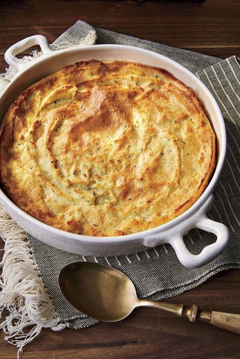 Although called a bread, this dish has the consistency and taste of a savory pudding. Buttermilk Spoon Bread is a nice cross between a skillet of hot cornbread, a cornmeal soufflé, and cornbread dressing. #breakfastrecipes #brunchrecipes #breakfastideas #brunchideas #potatorecipes #breakfastpotatoes #hashbrownrecipes Savory Pudding, Southern Living Recipes, Spoon Bread, Cornbread Dressing, Sweet Potato Pie, Bean Casserole, Thanksgiving Holiday, Sweet Potato Casserole, Southern Living