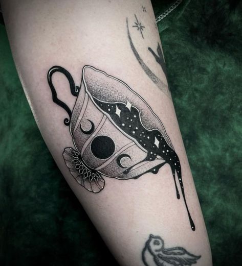 Tea Cup Tattoo, Teapot Tattoo, Teacup Tattoo, Line Tattoo Ideas, Cup Tattoo, Bookish Tattoos, Mystical Tattoos, Witch Tattoo, Spooky Tattoos