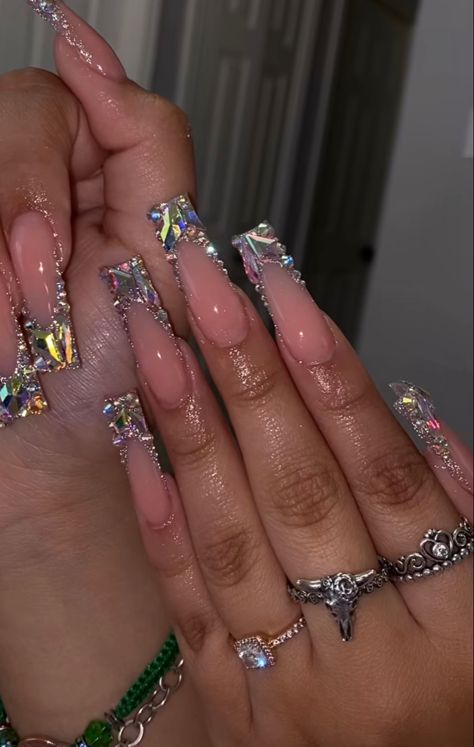 Rihstone Nail, Birthday Xl Nails, Birthday Nails With Bling, Blinged Nails Rhinestones, Bedazzled Acrylic Nails, Blinged Out Acrylic Nails, Bedazzled French Tip Nails, Blinged Out French Tip Nails, Bedazzled Nails Rhinestones