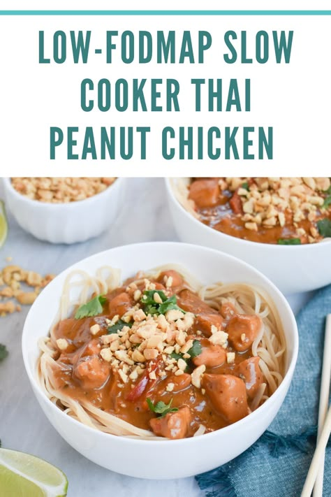 Low-FODMAP Slow Cooker Thai Peanut Chicken; Gluten-free, Dairy-free | Rachel Pauls Food Low Fodmap Slow Cooker Chicken, Low Fodmap Thai Recipes, Low Fodmap Potluck Recipes, Fodmap Slow Cooker Recipes, Low Fodmap Chinese Recipes, Slow Cooker Low Fodmap, Low Fodmap Chicken Breast Recipes, Fodmap Crockpot Recipes, Low Fodmap Slow Cooker Recipes