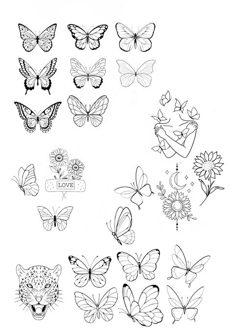 Simple Unique Tattoos, Butterfly Thigh Tattoo, Tattoo Sheets, Borboleta Tattoo, Butterfly Tattoo Stencil, Small Matching Tattoos, Hip Thigh Tattoos, Ghibli Tattoo, Hand Doodles