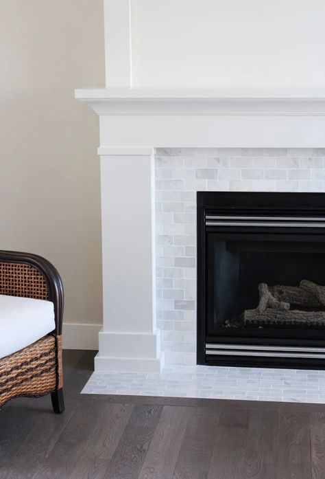 Living Room White Tiles, Shaker Style Trim, Tile Around Fireplace, Tiles Fireplace, Fireplace Makeovers, Craftsman Fireplace, Fireplace Mantel Designs, White Mantel, Classic Fireplace