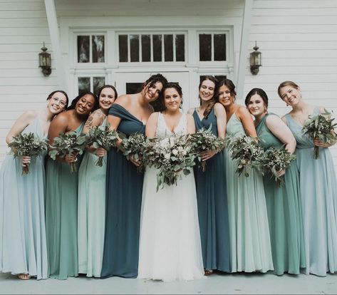 Different Hues Bridesmaid Dresses, Green Bridemades Dress, Bridesmaid Dresses Ombre Shades, Bridesmaid Dresses Enchanted Forest, Ombre Bridesmaid Dresses Green, Bluish Green Bridesmaid Dresses, Bridesmaid Dresses In Different Shades Of Green, Mint Bridesmaids Dresses, Different Shades Green Bridesmaid Dresses