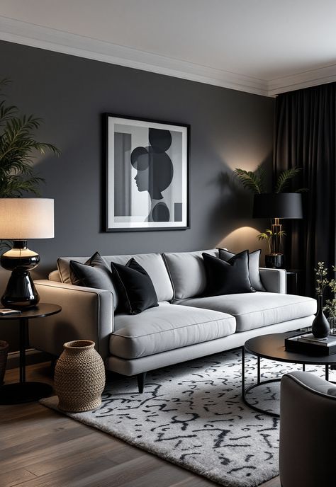 Grey Couch Living Room Silver Grey Sofa Living Room Ideas, Accent Wall Grey Living Room, Modern Gray Living Room Ideas, Grey Walls Decor Ideas, Grey Apartment Decor, Grey Apartment Living Room, Black Couch Living Room Decor Ideas, Dark Grey Living Room Walls, Grey Couch Living Room Ideas Modern