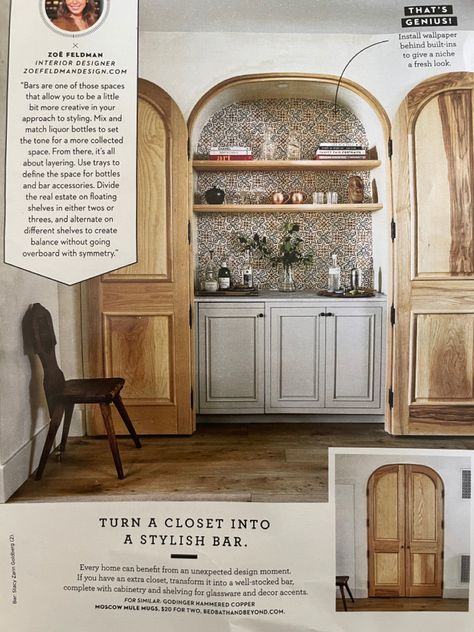 Closet Into Bar, Built In Bar Cabinet, Pool House Bar, Pantry Redo, Good Housekeeping Magazine, Closet Transformation, Closet Bar, Built In Bar, Wallpaper Interior