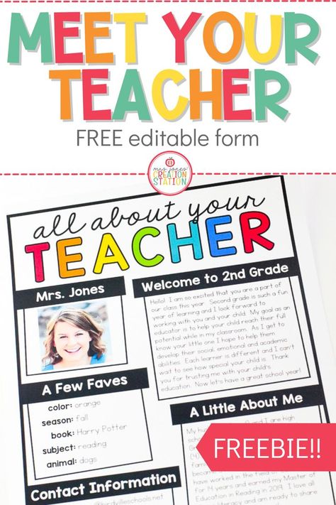 Introduce yourself to your new students with this FREE Meet Your Teacher form! #backtoschool #meettheteacher #elementaryclassroom #classroomresources All About Your Teacher, About Your Teacher, Meet Your Teacher, Meet The Teacher Night, Beginning Of Kindergarten, Teacher Forms, Meet The Teacher Template, School Forms, All About Me Preschool