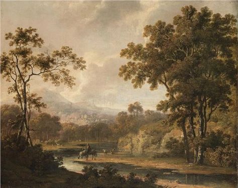 Artwork by Irish School, 18th Century, A river landscape with a drover, Made of oil on canvas 18th Century Aesthetic, 18th Century Landscape, 19th Century Landscape, Master And Commander, Aesthetic Cottage, Kandinsky Art, 18th Century Paintings, River Landscape, Vintage Landscape