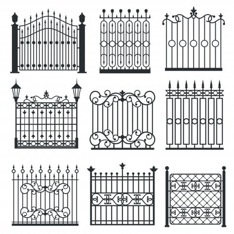 Metal iron gates, grilles, fences vector... | Premium Vector #Freepik #vector #vintage #border #ornament #line Gard Modern, Wrought Iron Gate Designs, Tor Design, Wrought Iron Garden Gates, Metal Garden Gates, Wrought Iron Fence, Grill Gate, Grill Gate Design, Gate Designs