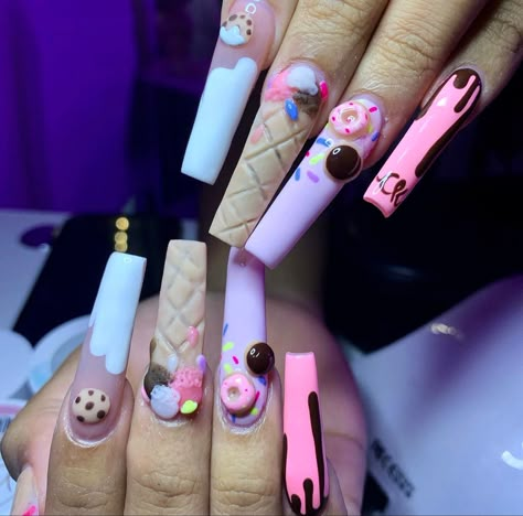 Sweets Nails Designs, Cookies Nails, Donut Acrylic Nails, Sherbert Nails, Icing Drip Nails, Cookies And Cream Nails, Sweets Nails, Milkshake Nails, Donut Nails Acrylic