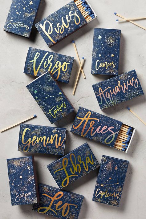 Anthropologie Zodiac Matches Zodiac Matches, Constellation Wedding, Celestial Wedding Theme, Pr Kit, Galaxy Wedding, Magic Woman, Clean Flowers, Starry Night Wedding, Celestial Wedding